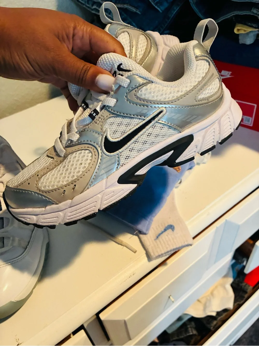 Nike Kids Silver, White and Black Mesh Athletic Sneakers
